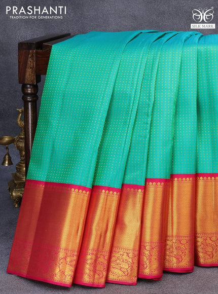 Pure kanjivaram silk saree teal green and pink with allover zari woven butta weaves and long zari woven border - {{ collection.title }} by Prashanti Sarees