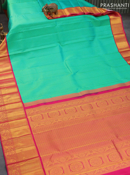 Pure kanjivaram silk saree teal green and pink with allover zari woven butta weaves and long zari woven border - {{ collection.title }} by Prashanti Sarees