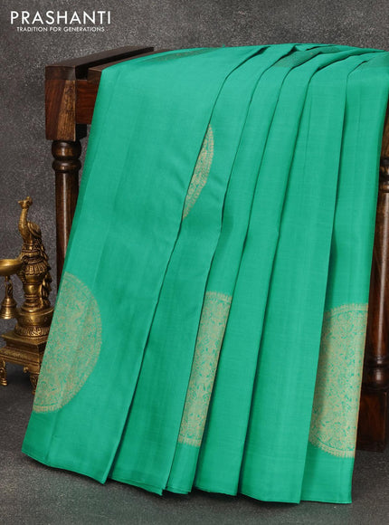 Pure kanjivaram silk saree teal green and red with zari woven buttas in borderless style - {{ collection.title }} by Prashanti Sarees