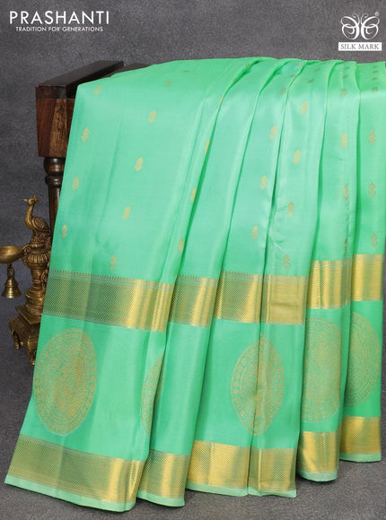 Pure kanjivaram silk saree teal green with zari woven buttas and long zari woven butta border - {{ collection.title }} by Prashanti Sarees