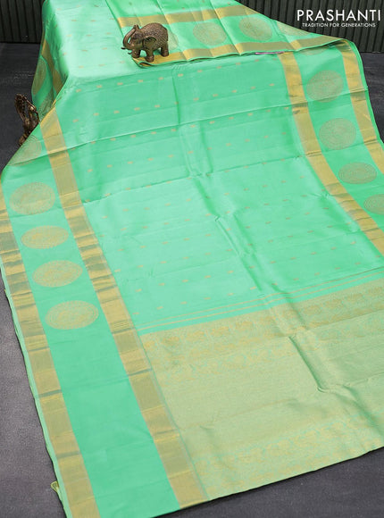 Pure kanjivaram silk saree teal green with zari woven buttas and long zari woven butta border - {{ collection.title }} by Prashanti Sarees