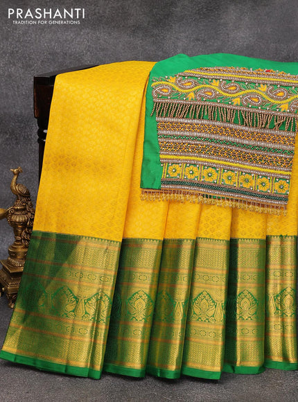 Pure kanjivaram silk saree yellow and green with allover zari woven brocade weaves and long zari woven border & embroidery work blouse - {{ collection.title }} by Prashanti Sarees