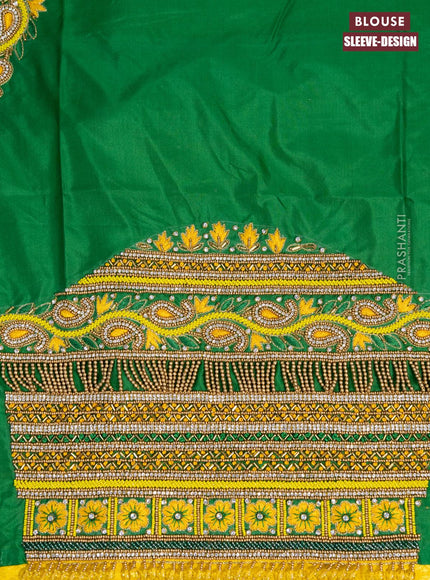 Pure kanjivaram silk saree yellow and green with allover zari woven brocade weaves and long zari woven border & embroidery work blouse - {{ collection.title }} by Prashanti Sarees