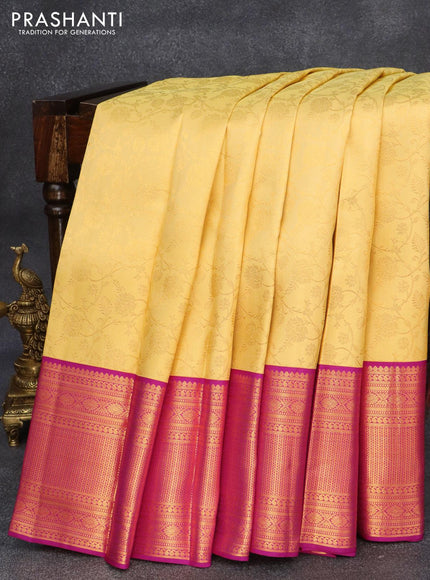 Pure kanjivaram silk saree yellow and pink with allover zari weaves and long zari woven border - {{ collection.title }} by Prashanti Sarees