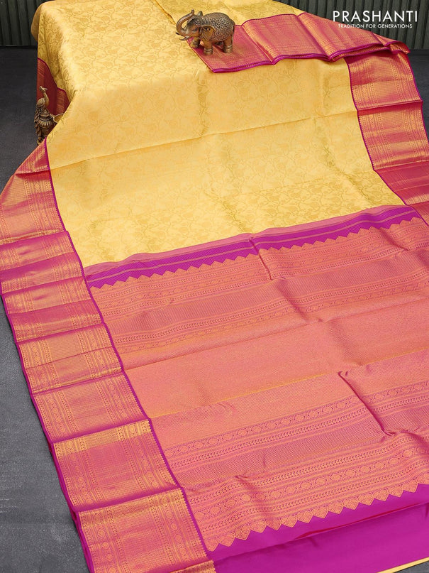 Pure kanjivaram silk saree yellow and pink with allover zari weaves and long zari woven border - {{ collection.title }} by Prashanti Sarees