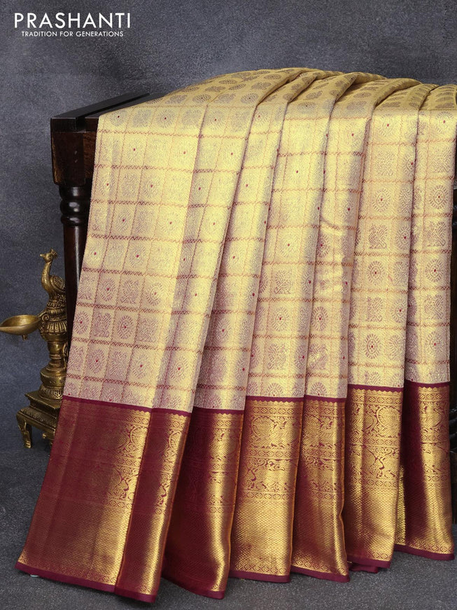 Pure kanjivaram tissue silk saree gold and dark magenta pink with allover zari woven brocade weaves and long zari woven border Tissue - {{ collection.title }} by Prashanti Sarees