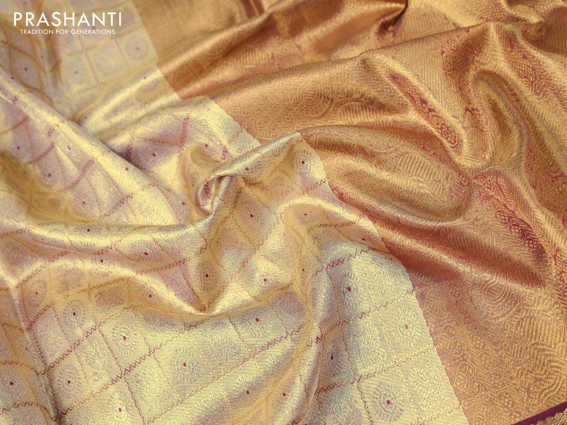 Pure kanjivaram tissue silk saree gold and dark magenta pink with allover zari woven brocade weaves and long zari woven border Tissue - {{ collection.title }} by Prashanti Sarees