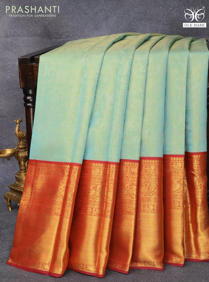 Pure kanjivaram tissue silk saree light blue shade and maroon shade with allover silver zari woven brocade weaves and long zari woven border Tissue - {{ collection.title }} by Prashanti Sarees