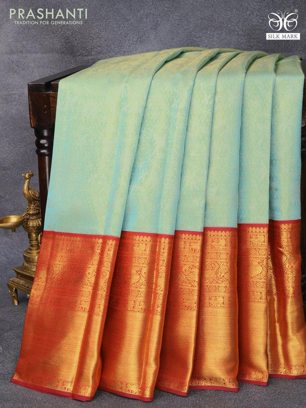 Pure kanjivaram tissue silk saree light blue shade and maroon shade with allover silver zari woven brocade weaves and long zari woven border Tissue - {{ collection.title }} by Prashanti Sarees