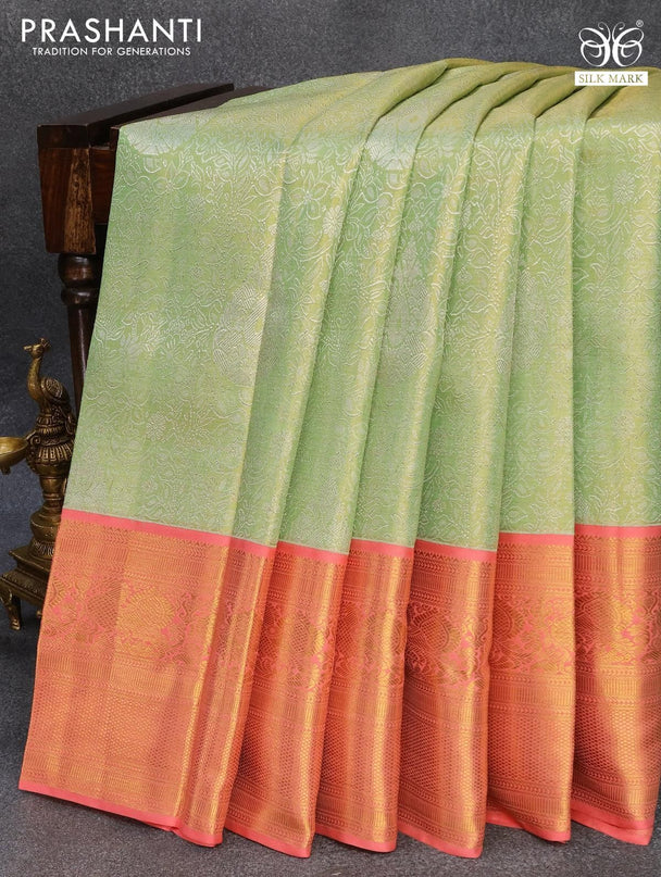 Pure kanjivaram tissue silk saree pista green and peach pink with allover silver zari woven brocade weaves and long annam zari woven border - {{ collection.title }} by Prashanti Sarees