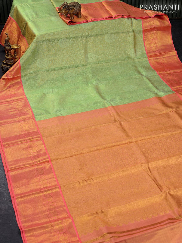 Pure kanjivaram tissue silk saree pista green and peach pink with allover silver zari woven brocade weaves and long annam zari woven border - {{ collection.title }} by Prashanti Sarees