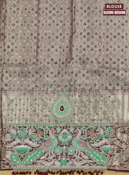 Pure kanjivaram tissue silk saree teal green and deep maroon with allover silver zari woven brocade weaves and long rich silver zari woven peacock design border & embroidery work blouse - {{ collection.title }} by Prashanti Sarees