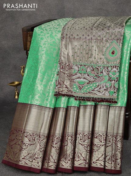 Pure kanjivaram tissue silk saree teal green and deep maroon with allover silver zari woven brocade weaves and long rich silver zari woven peacock design border & embroidery work blouse - {{ collection.title }} by Prashanti Sarees