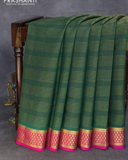Pure mysore silk saree bottle green and pink with allover zari woven stripe pattern and zari woven border - {{ collection.title }} by Prashanti Sarees