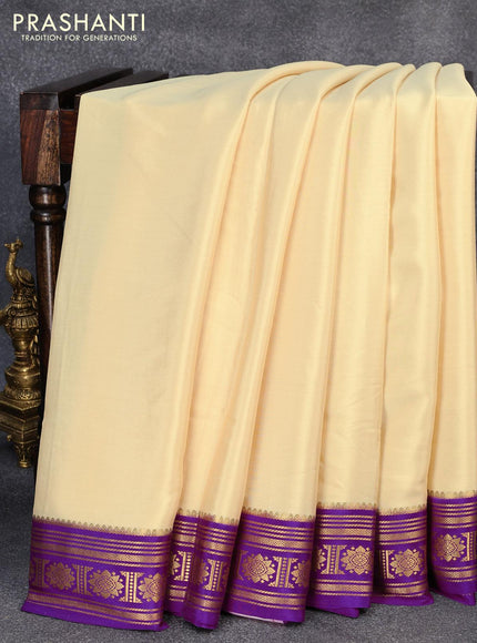 Pure mysore silk saree cream and purple with plain body and zari woven border - {{ collection.title }} by Prashanti Sarees