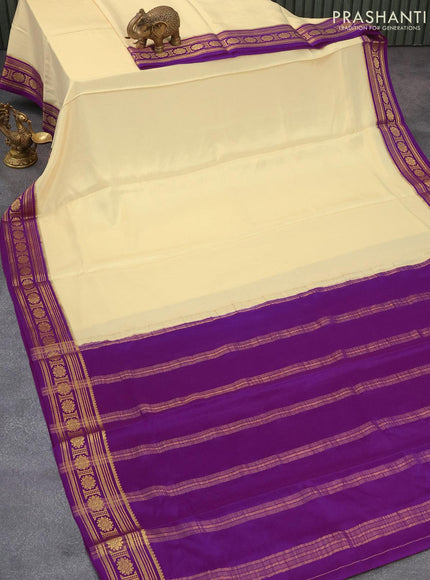 Pure mysore silk saree cream and purple with plain body and zari woven border - {{ collection.title }} by Prashanti Sarees