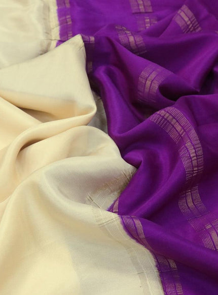 Pure mysore silk saree cream and purple with plain body and zari woven border - {{ collection.title }} by Prashanti Sarees