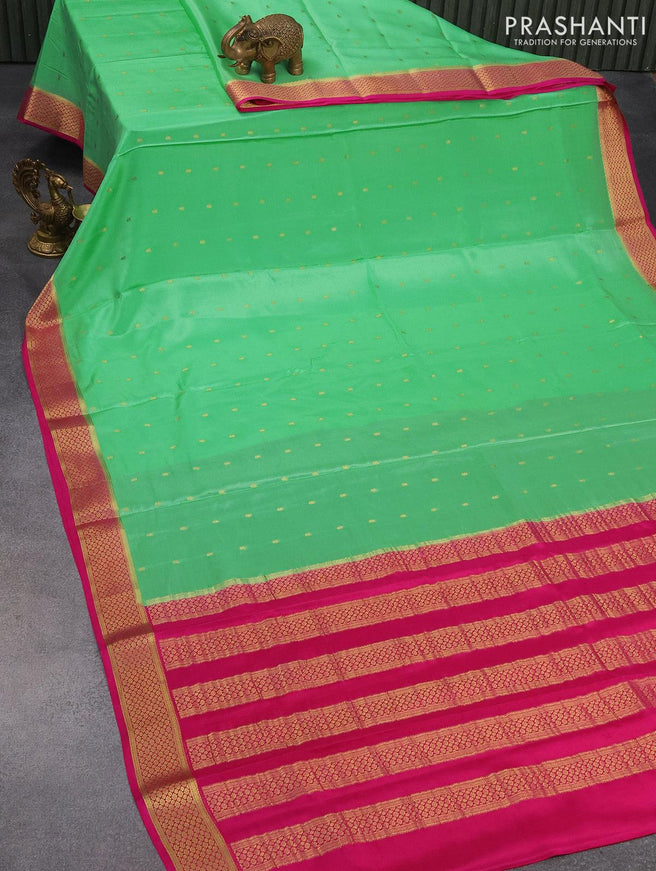 Pure mysore silk saree green shade and pink with allover zari woven buttas and zari woven border - {{ collection.title }} by Prashanti Sarees