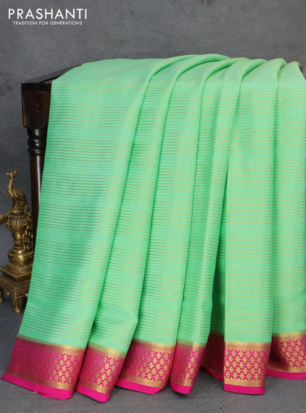 Pure mysore silk saree green shade and pink with allover zari woven stripes pattern and zari woven border - {{ collection.title }} by Prashanti Sarees