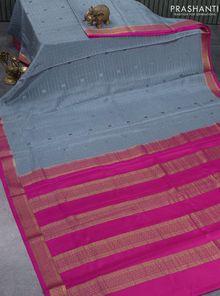 Pure mysore silk saree grey and pink with allover zari checked pattern and zari woven border - {{ collection.title }} by Prashanti Sarees