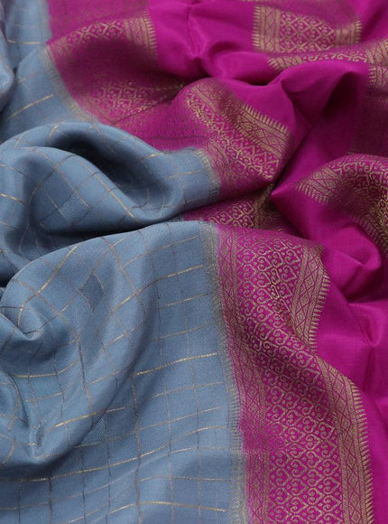 Pure mysore silk saree grey and pink with allover zari checked pattern and zari woven border - {{ collection.title }} by Prashanti Sarees