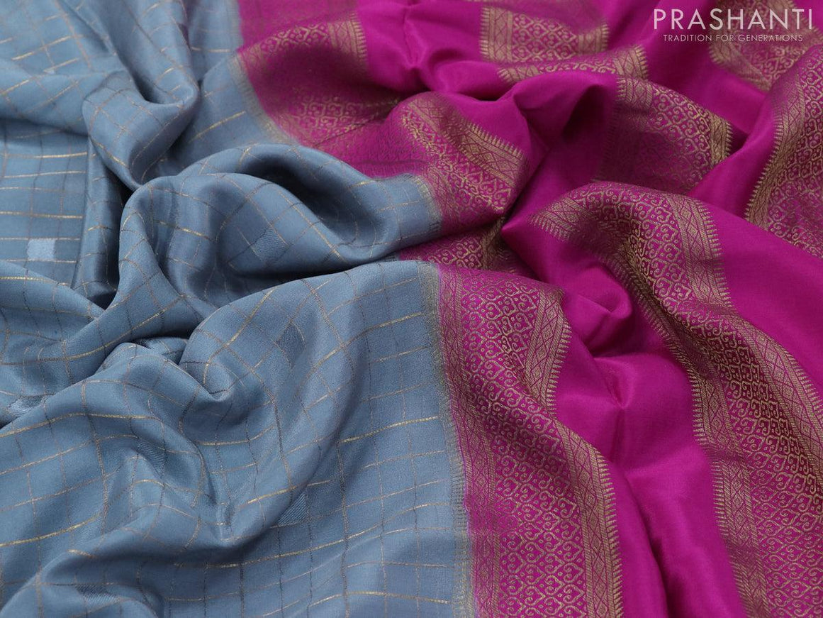 Pure mysore silk saree grey and pink with allover zari checked pattern and zari woven border - {{ collection.title }} by Prashanti Sarees