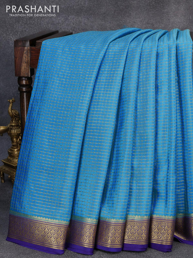 Pure mysore silk saree light blue and blue with allover small zari checked pattern and zari woven border - {{ collection.title }} by Prashanti Sarees