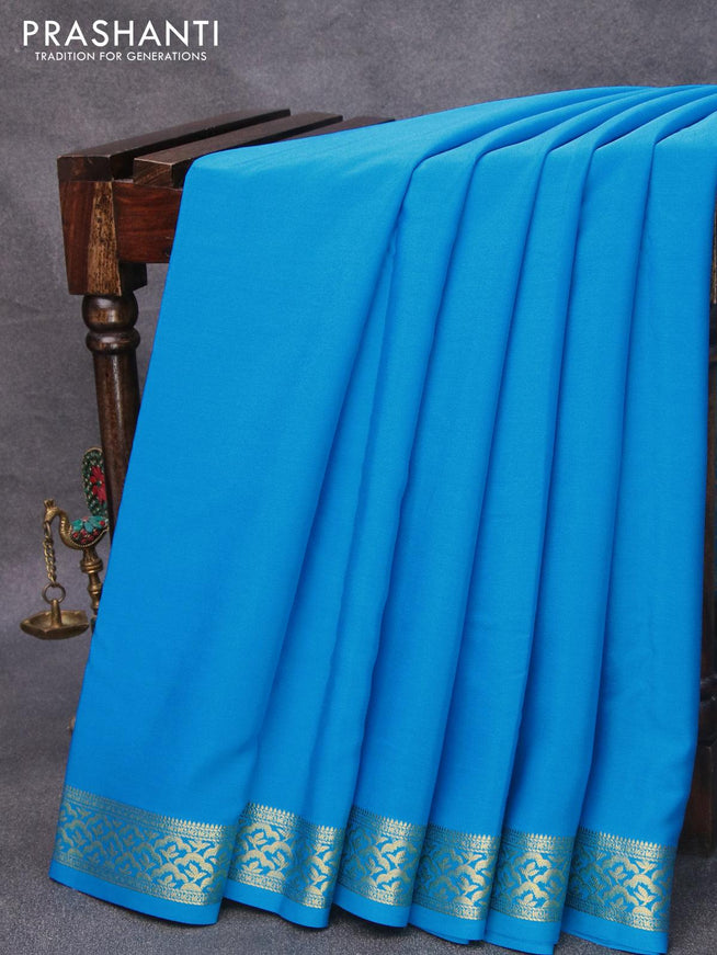 Pure mysore silk saree light blue and with plain body and zari woven border - {{ collection.title }} by Prashanti Sarees