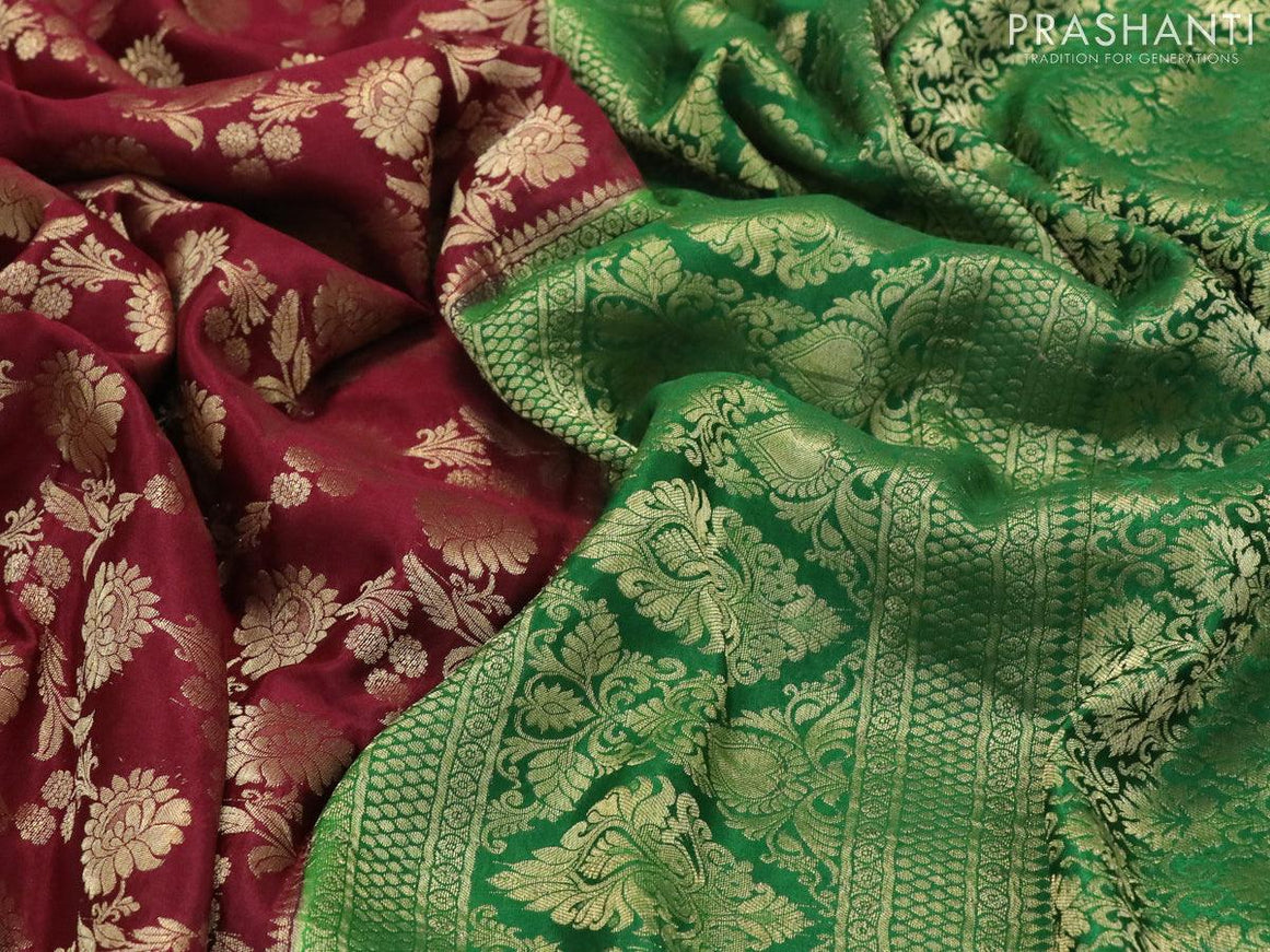 Pure mysore silk saree maroon and green with allover floral zari woven brocade weaves and long zari woven border - {{ collection.title }} by Prashanti Sarees