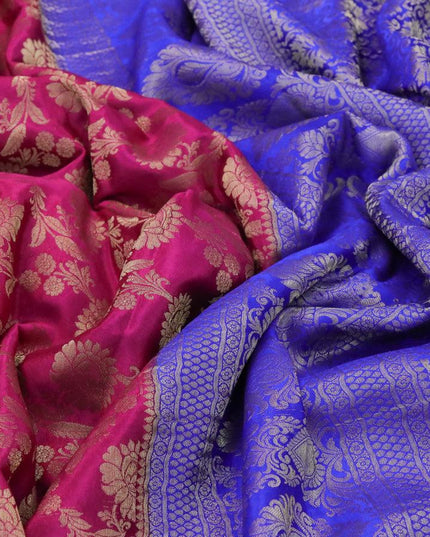 Pure mysore silk saree pink and royal blue with allover floral zari woven brocade weaves and long zari woven border - {{ collection.title }} by Prashanti Sarees