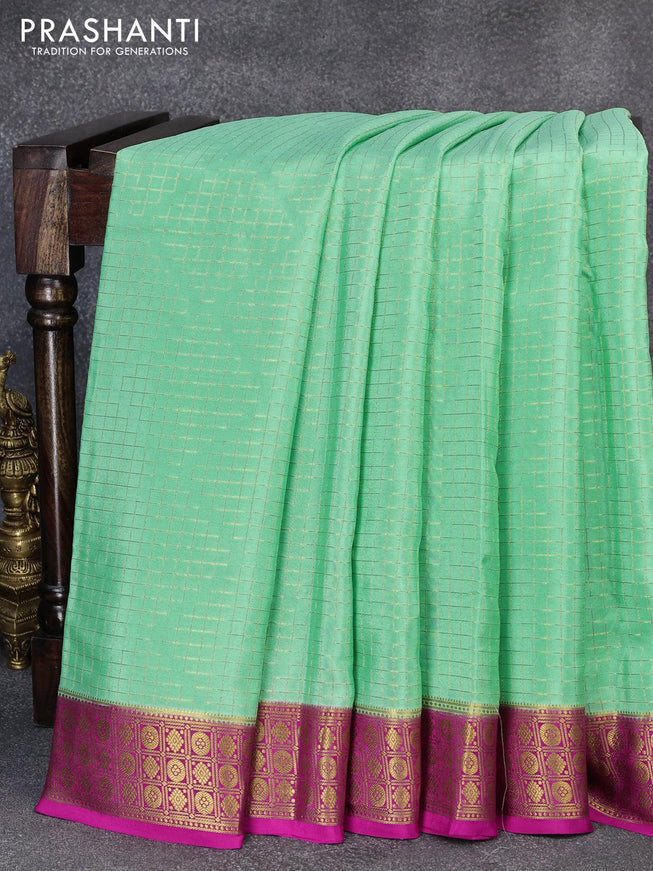 Pure mysore silk saree pista green and pink with allover zari woven geometric weaves and zari woven border - {{ collection.title }} by Prashanti Sarees