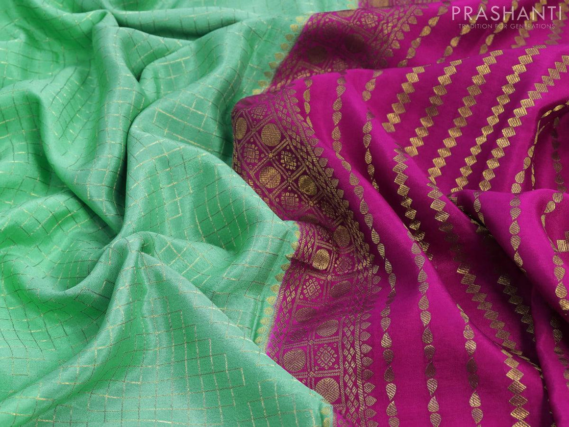 Pure mysore silk saree pista green and pink with allover zari woven geometric weaves and zari woven border - {{ collection.title }} by Prashanti Sarees