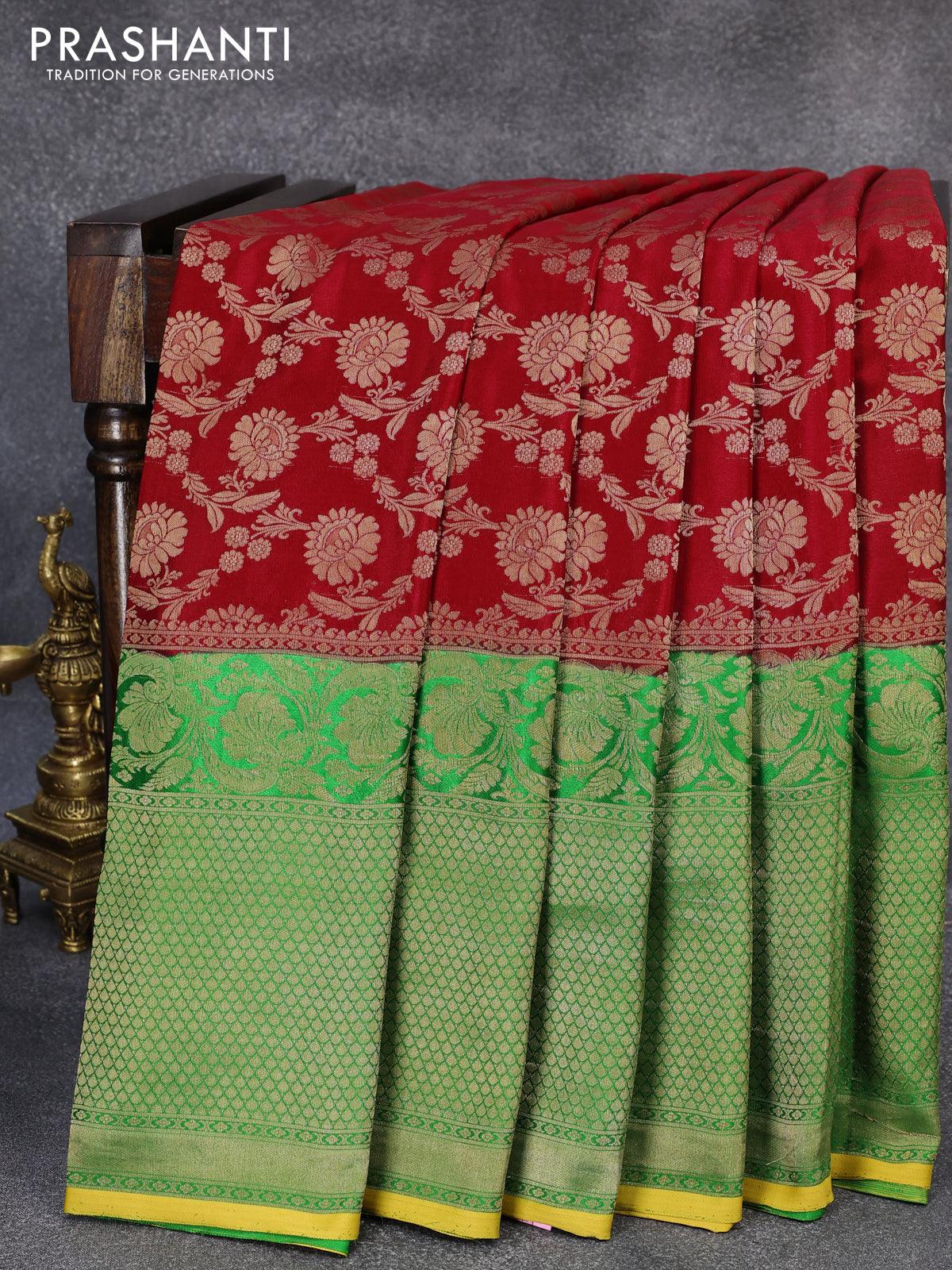 Bangalori silk saree red and bottle green with copper zari woven butta – Prashanti  Sarees