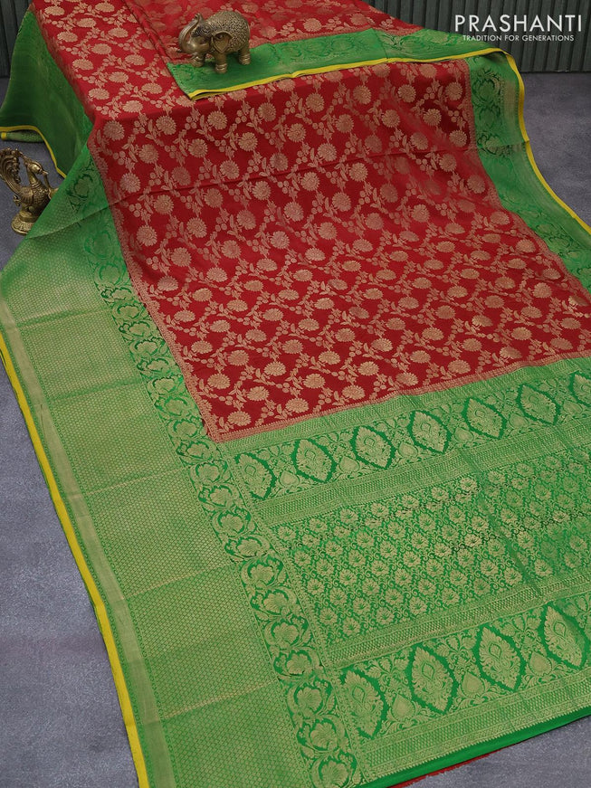 Pure mysore silk saree red and green with allover floral zari woven brocade weaves and long zari woven border - {{ collection.title }} by Prashanti Sarees