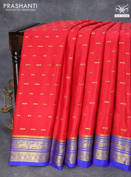 Pure mysore silk saree red and royal blue with allover zari woven buttas and peacock & paisley zari woven border - {{ collection.title }} by Prashanti Sarees