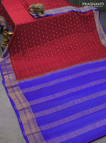 Pure mysore silk saree red and royal blue with allover zari woven buttas and peacock & paisley zari woven border - {{ collection.title }} by Prashanti Sarees