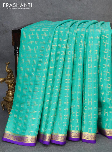 Pure mysore silk saree teal blue and blue with allover geometric zari weaves and zari woven border - {{ collection.title }} by Prashanti Sarees