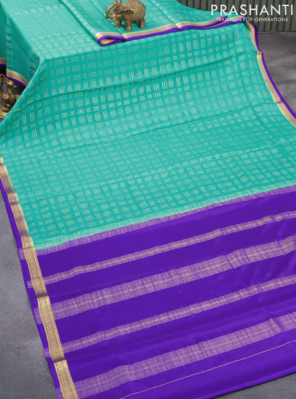 Pure mysore silk saree teal blue and blue with allover geometric zari weaves and zari woven border - {{ collection.title }} by Prashanti Sarees