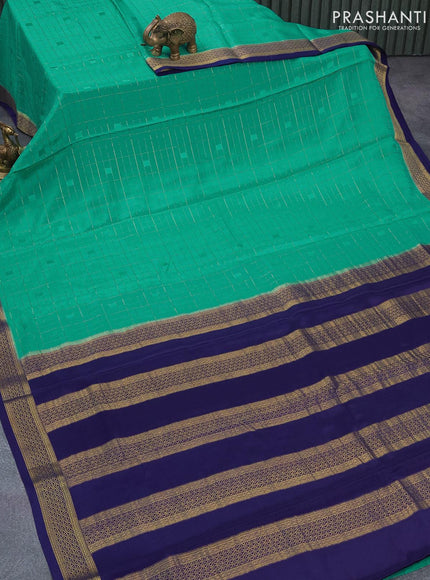 Pure mysore silk saree teal blue and blue with allover zari checked pattern and zari woven border - {{ collection.title }} by Prashanti Sarees