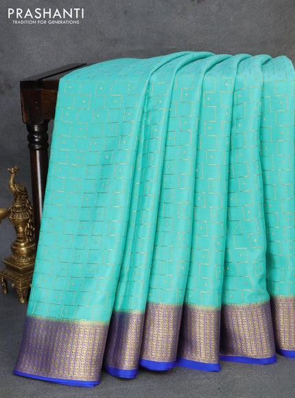 Pure mysore silk saree teal blue and blue with allover zari weaves and zari woven border - {{ collection.title }} by Prashanti Sarees