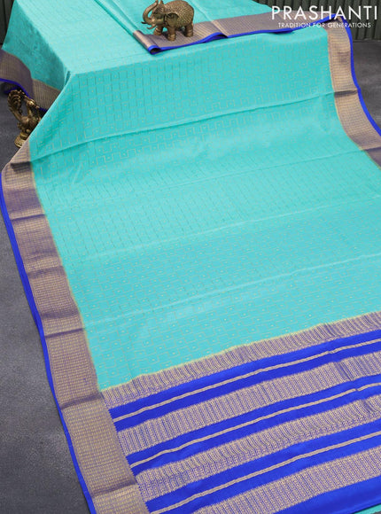 Pure mysore silk saree teal blue and blue with allover zari weaves and zari woven border - {{ collection.title }} by Prashanti Sarees