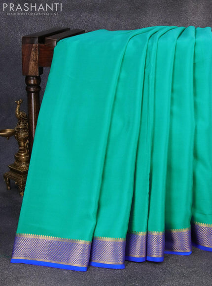 Pure mysore silk saree teal blue and blue with plain body and zari woven border - {{ collection.title }} by Prashanti Sarees