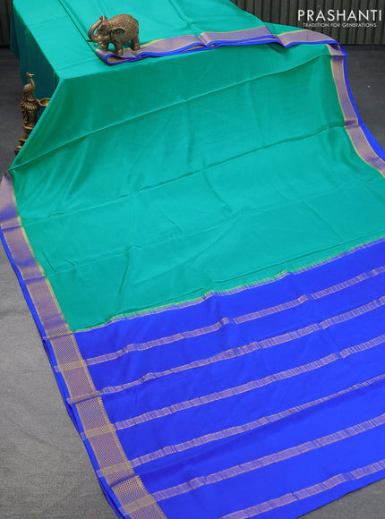 Pure mysore silk saree teal blue and blue with plain body and zari woven border - {{ collection.title }} by Prashanti Sarees