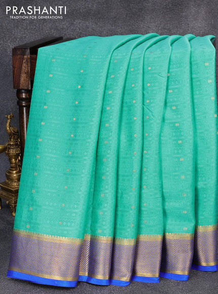 Pure mysore silk saree teal blue and royal blue with allover self emboss & zari buttas and zari woven border - {{ collection.title }} by Prashanti Sarees