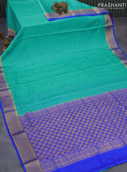 Pure mysore silk saree teal blue and royal blue with allover self emboss & zari buttas and zari woven border - {{ collection.title }} by Prashanti Sarees