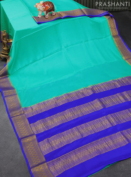 Pure mysore silk saree teal blue and royal blue with plain body and zari woven border - {{ collection.title }} by Prashanti Sarees