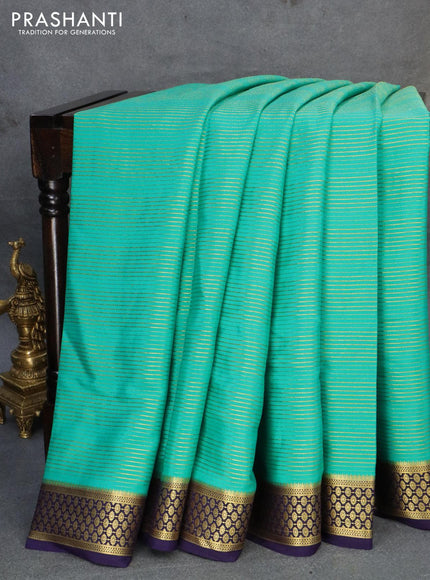 Pure mysore silk saree teal green and dark blue with allover zari woven stripes pattern and zari woven border - {{ collection.title }} by Prashanti Sarees