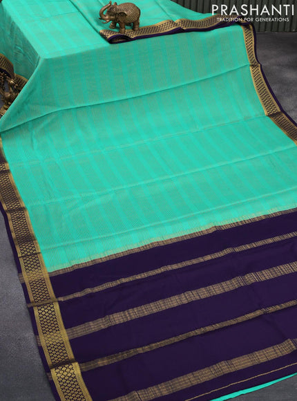 Pure mysore silk saree teal green and dark blue with allover zari woven stripes pattern and zari woven border - {{ collection.title }} by Prashanti Sarees