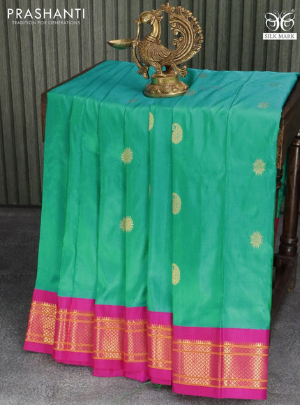 Pure paithani silk saree dual shade of teal bluish green and pink with zari woven buttas and zari woven border - {{ collection.title }} by Prashanti Sarees