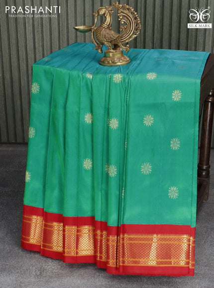 Pure paithani silk saree dual shade of teal bluish green and red with allover zari woven buttas and zari woven border - {{ collection.title }} by Prashanti Sarees